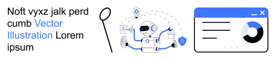 Artificial intelligence, data analysis, technology, automation, robotics, innovation. Robot processing data with dashboard and interconnected icons. Artificial intelligence and data analysis concept