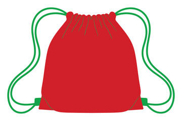 A simple red drawstring backpack with green strings rests against a white background.