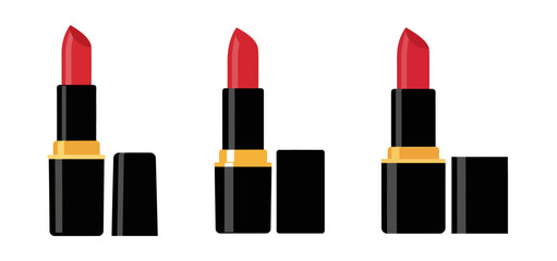 Obraz premium Three red lipsticks with black and gold cases and caps off.