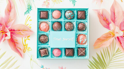 Treat Yourself concept for special gift, exquisite box of assorted chocolates on vibrant floral tropical setting
