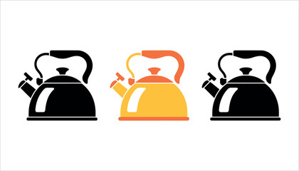 Three stylized kettle icons one yellow and orange two black on white background teapot hot drink