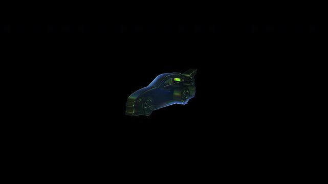 Holographic car materializing and rotating on black background