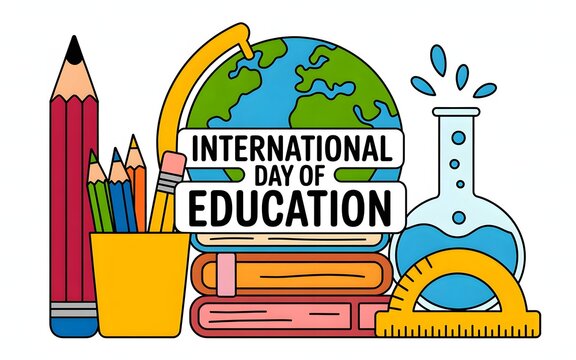 International day of education celebration with school supplies and globe
