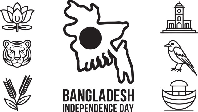 Bangladesh independence day template with map national animals plants and iconic architectural building.