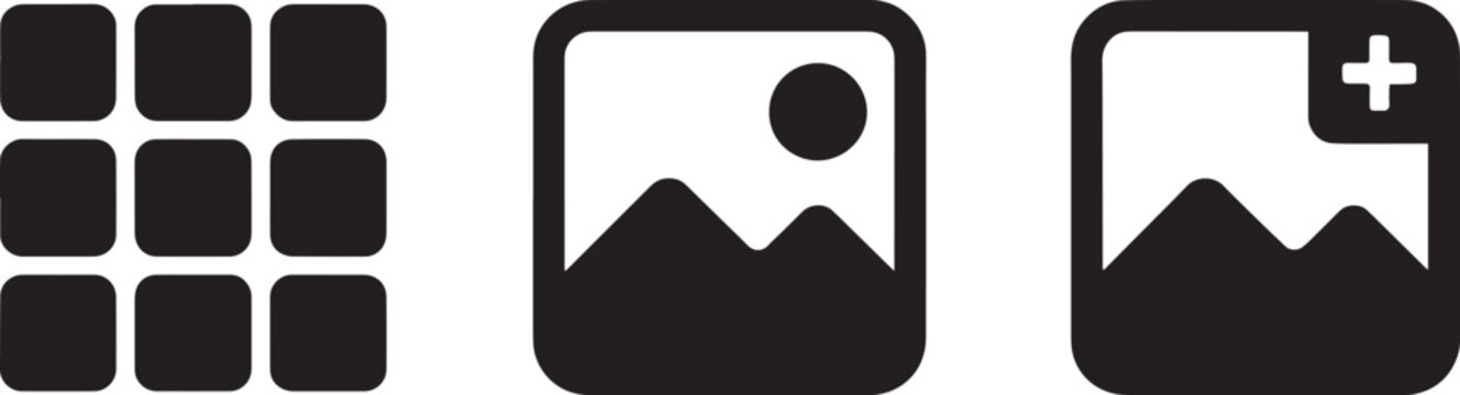 Black silhouette icons of nine grid squares image gallery and add new photo file symbol