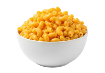 A classic white ceramic bowl overflowing with perfectly cooked elbow macaroni, rich velvety golden yellow cheddar cheese sauce, glossy, on transparent background. Comfort food concept