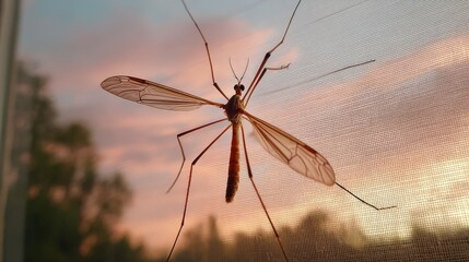 Naklejka premium A graceful crane fly pauses on a window screen, softly illuminated by the fading light of dusk. Its delicate wings and slender body contrast beautifully with the evening sky