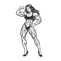 Muscular Female Bodybuilder Posing in Line Art Style