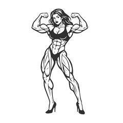 Muscular Female Bodybuilder Posing in Line Art Style