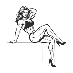 Muscular Female Bodybuilder Posing in Line Art Style