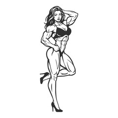 Muscular Female Bodybuilder Posing in Line Art Style