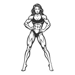 Muscular Female Bodybuilder Posing in Line Art Style