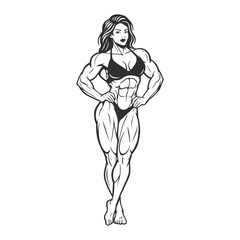 Muscular Female Bodybuilder Posing in Line Art Style