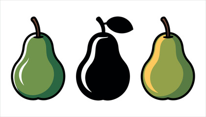 Three stylized pears one black silhouette two green and yellow fruit food