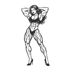 Muscular Female Bodybuilder Posing in Line Art Style