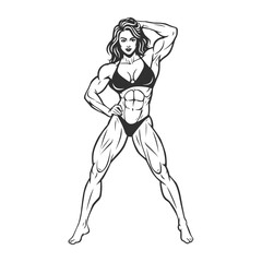 Muscular Female Bodybuilder Posing in Line Art Style