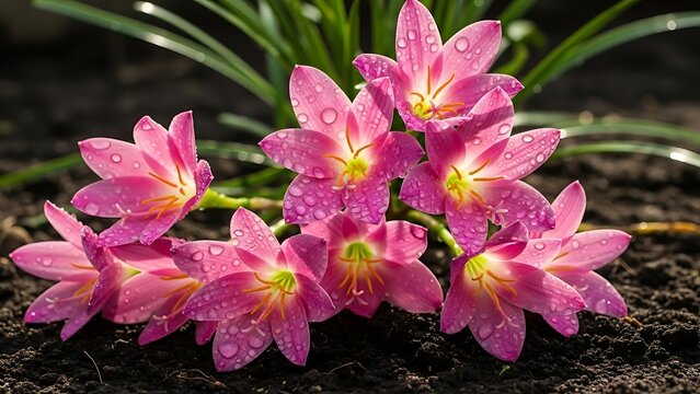 Cluster of Pink Rain Lilies with Water Droplets on Dark Soil rain lily zephyranthes