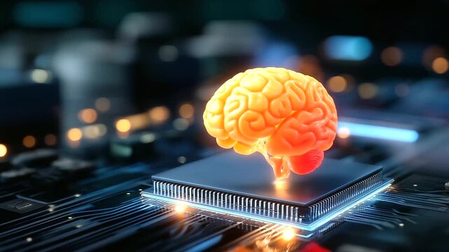 Brain atop computer chip, three-dimensional model, artificial intelligence concept, neural technology integration, cognitive computing display, medical innovation visual, digital h