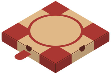 A pizza box with a red and tan checkered pattern sits ready to be opened.