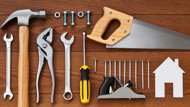 Home planning and preparing. House shaped paper cutout and tools on wooden table