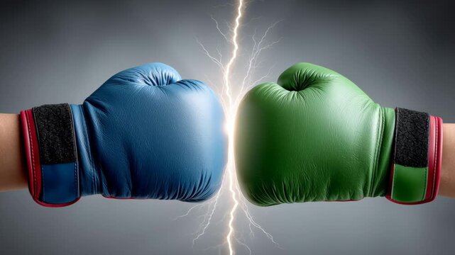 Colorful boxing gloves in blue and green collide dramatically, surrounded by electric sparks, showcasing intense competition and energy, with a dynamic camera zooming in for impact