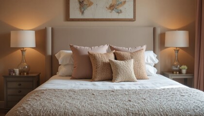 Warm-toned bedroom with textured bedding, attractive pillows and a trendy nightstand.