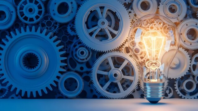 Lightbulb Glowing over Intricate Blue and White Gears. Idea, Innovation, Problem Solving, Technology, Strategy, Business Mechanism, Engineering, Thinking, Solution, and Invention Concept - Powered by Adobe