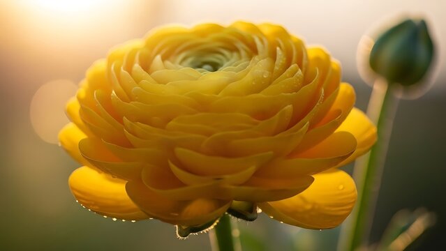 Vibrant Yellow Ranunculus Flower with Water Droplets in Golden Light