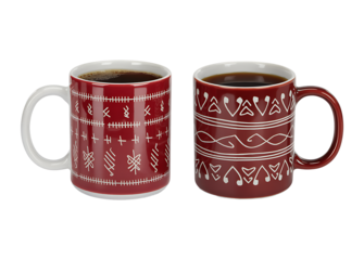 Two festive red ceramic mugs with white nordic inspired patterns filled