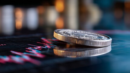 Silver coin resting on a dark surface displaying red and blue fluctuating financial market data
