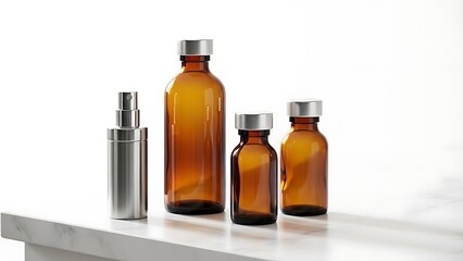 Amber glass and metal bottles for cosmetic or medical products on a clean marble surface