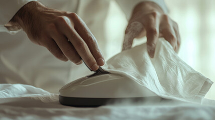 A man ironing a traditional white thawb. He has dark hair and visible tattoos on his arms. The setting features soft natural light and a patterned curtain.