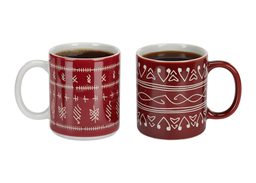 Two festive red ceramic mugs with white nordic inspired patterns filled