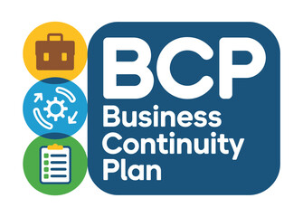 Business continuity plan graphic with icons for planning, process, and checklist.