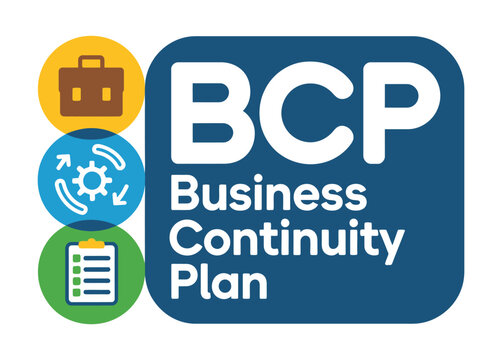 Business continuity plan graphic with icons for planning, process, and checklist.