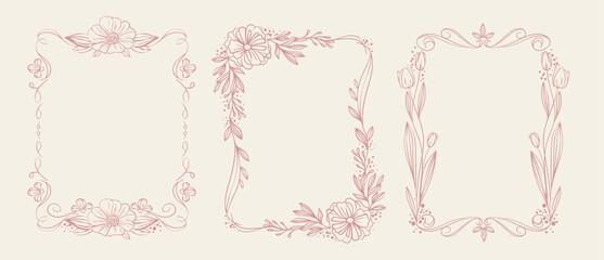 Coquette floral art nouveau frame set with delicate pink outline borders. Elegant ornamental designs with vintage flower decorations, curls, flourish and botanical patterns for romantic invitation