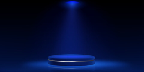 Blue round podium stage with spotlight rays, dramatic lighting on dark background. 3D studio platform for award presentation or product display. Circular glowing scene with atmospheric light beams.