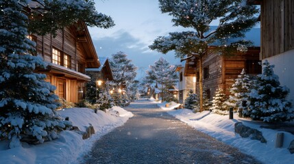 Snow covered alpine village street at dusk with illuminated wooden cabins and frosted trees