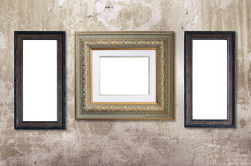 Horizontal banner with blank picture frames hanging on stucco wall. Empty photo frame set on wall background. Mock up poster frame template for decor room. Retro Interior design. Copy space for text