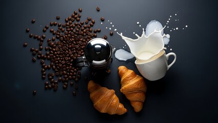 Fresh breakfast coffee and croissants with a dynamic milk splash.
