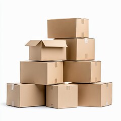 A stack of various sized cardboard boxes on a white background. One box is open.