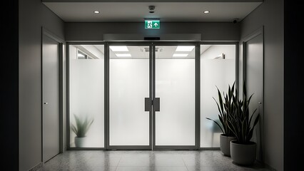 Modern office corridor with frosted glass doors and emergency exit sign