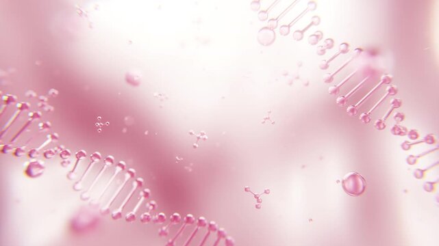 3D animation of pink DNA molecules floating in a glowing serum liquid. Ideal for skincare, collagen, and cosmetic beauty visuals.