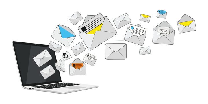 A dynamic illustration depicting the flow of digital mail from a laptop screen, symbolizing efficient online communication and global messaging exchange across networks