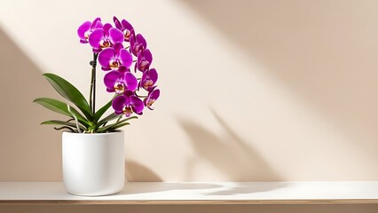 Vibrant purple orchid in a white pot on a shelf with natural light and shadow.