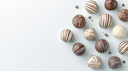 A top-down view of various chocolate truffles with different coatings and decorations, scattered on a clean white surface.