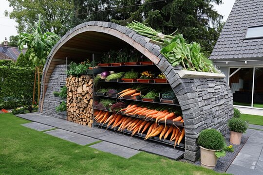Freshly harvested vegetables and firewood are neatly organized in a contemporary stone shed, combining practicality and aesthetics in a garden setting