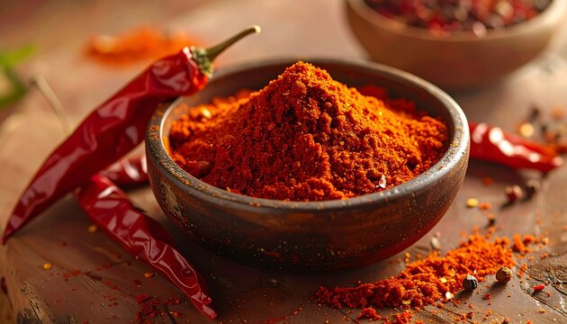 Hot chili powder in rustic bowl with dried chili peppers - Powered by Adobe