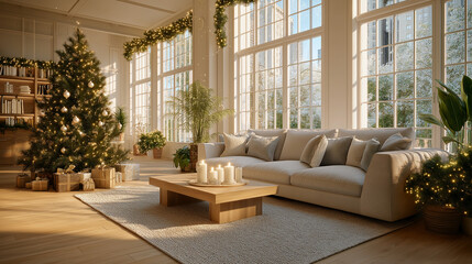 Fototapeta premium Cozy Christmas: A serene and inviting living room, adorned with a Christmas tree and seasonal decorations, invites warmth and festive spirit. The sun gently streams through large windows.