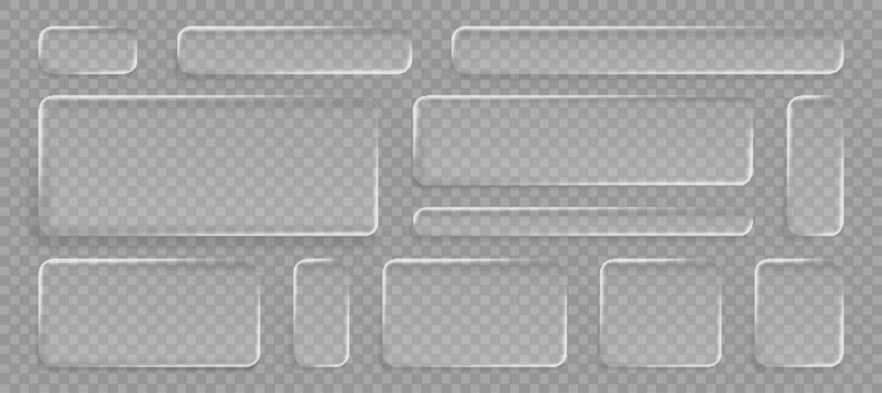 Liquid glass ui rectangle button collection with transparent frame effect - rounded corner boxes with frosted acrylic texture. Modern 3d interface design kit for overlay mockups or web elements.
